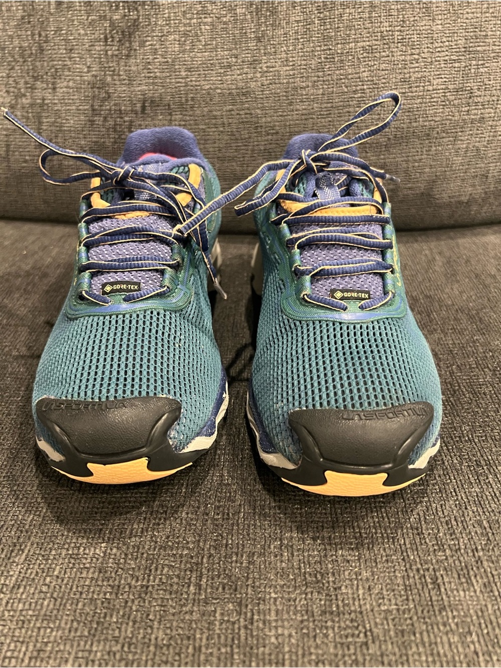 GORE-TEX Teal and Navy Women’s Trail Running Shoes with Yellow Accents